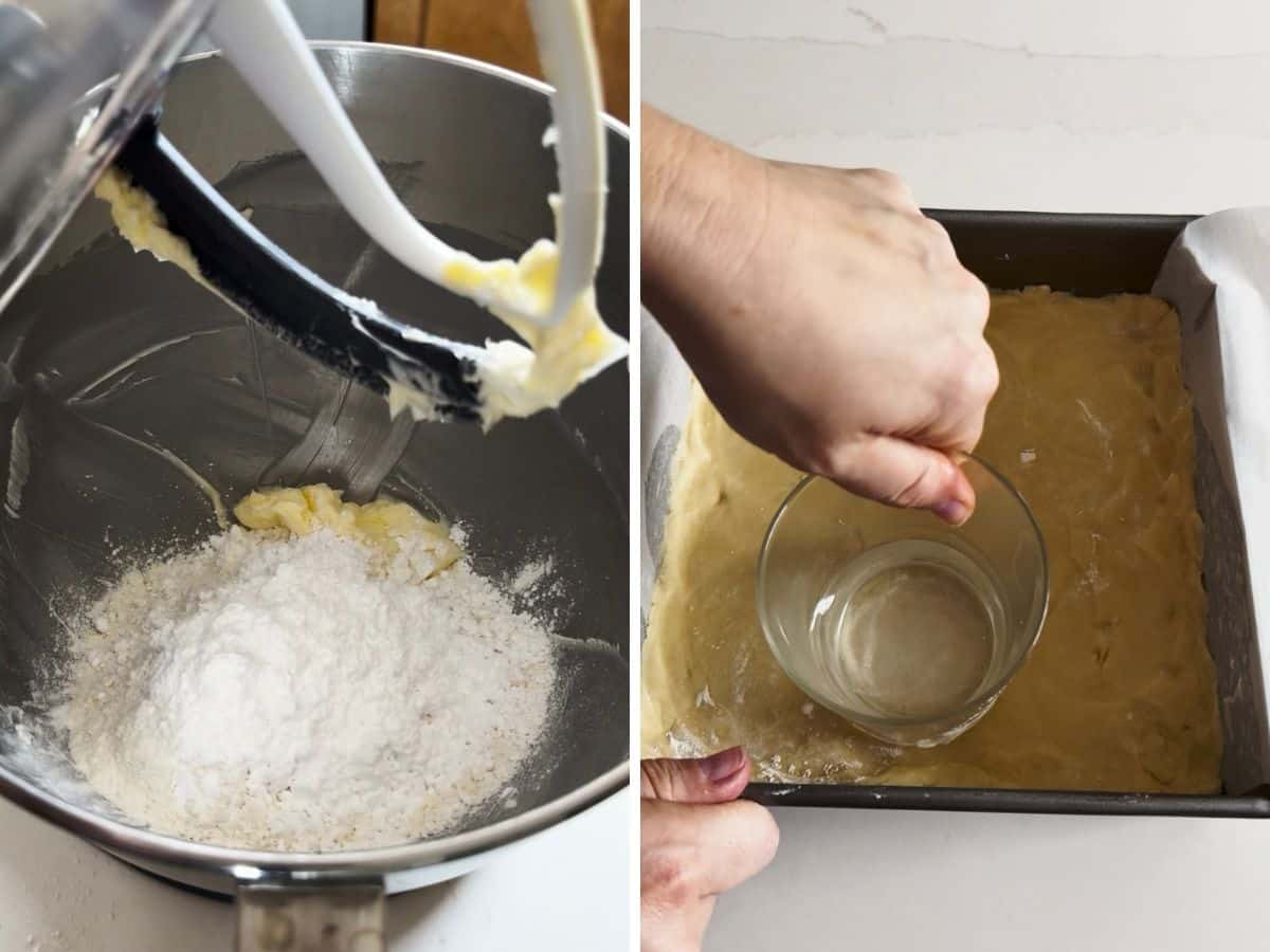 The mixing bowl with shortbread ingredients in it and then the dough being pushed into a lined baking pan with a glass to flatten it.