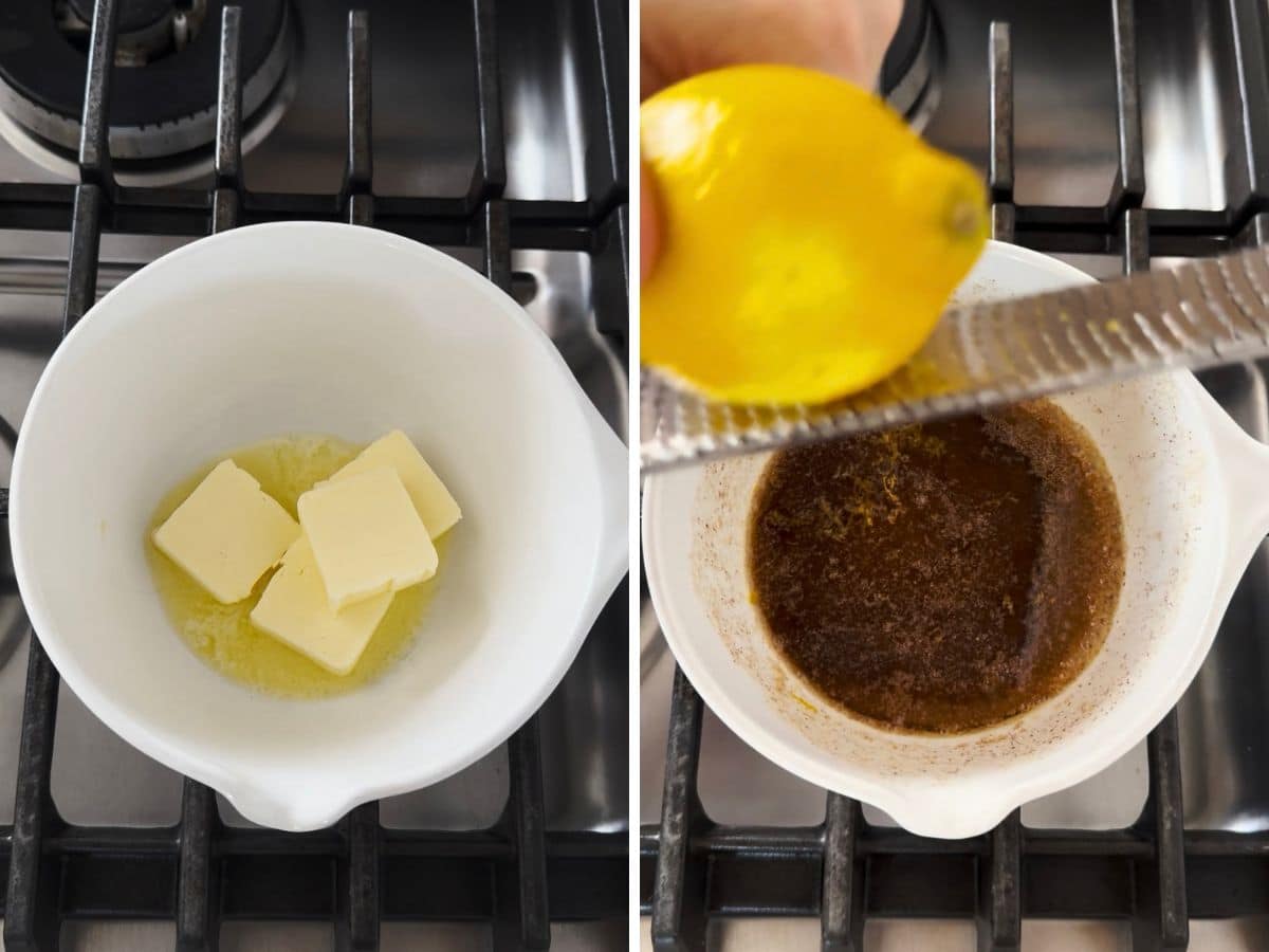 Butter melting in a small saucepan and then the glaze cooking in the pan with lemon being zested in there.