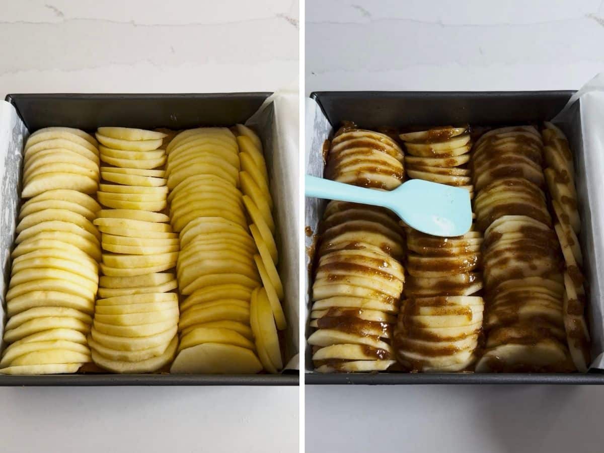 Thin sliced apples shingled over the partially baked shortbread and then the glaze being spread over it.
