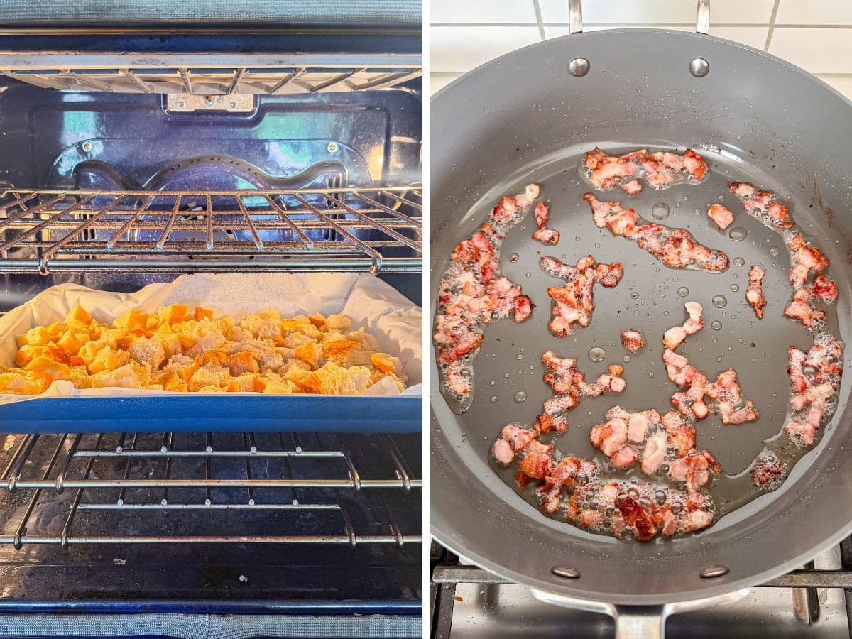 Sourdough chunks in oven and diced bacon frying in pan.