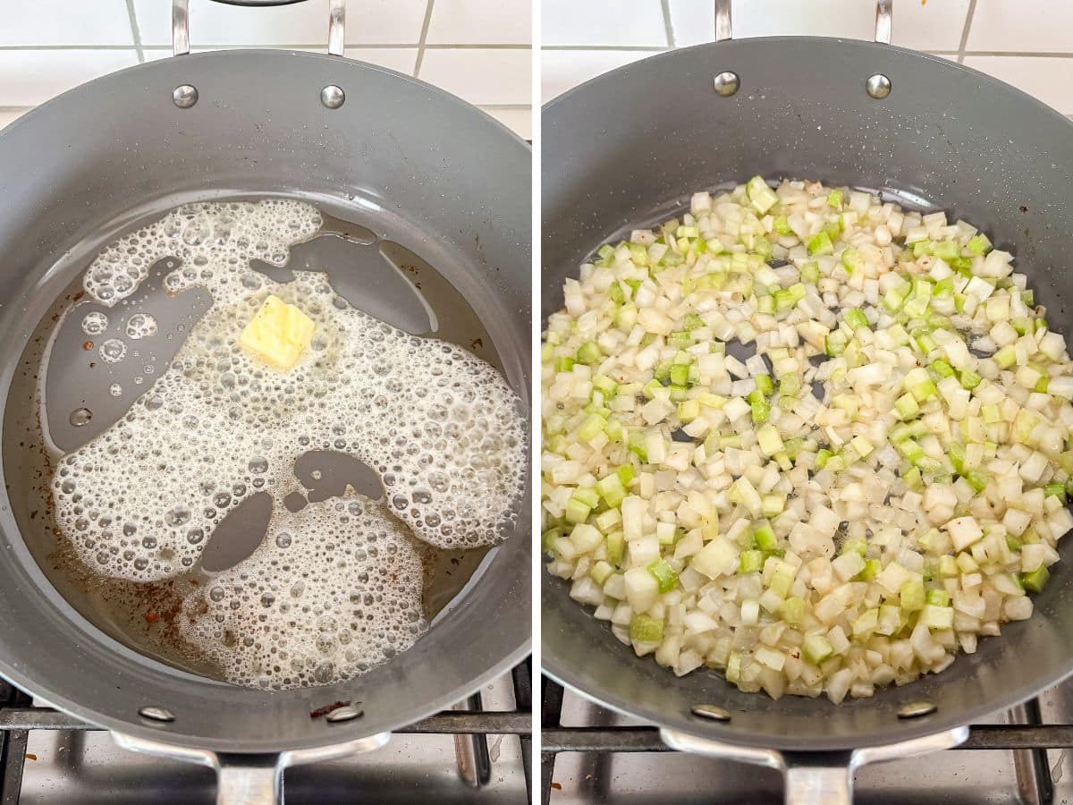 Butter melting in the pan and then onions and celery frying in it.