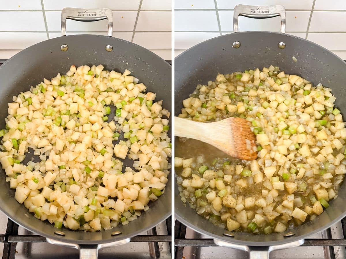 Apples and garlic added to the pan and then deglazing it with broth.