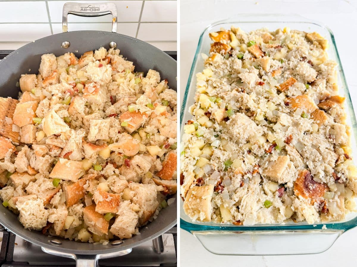 Bread, bacon and broth added to the pan and then the stuffing in the backing dish.