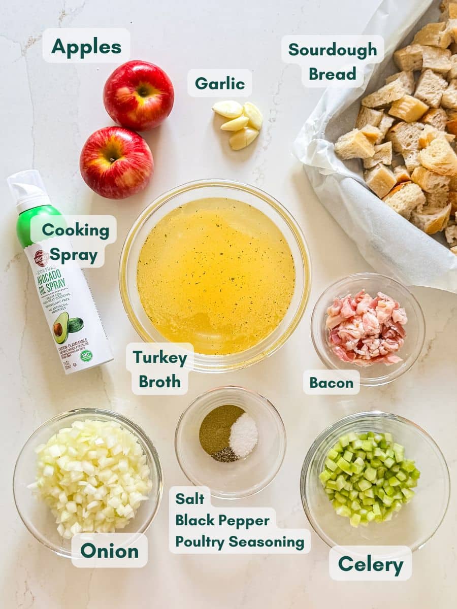 An overhead image of labeled recipe ingredients.