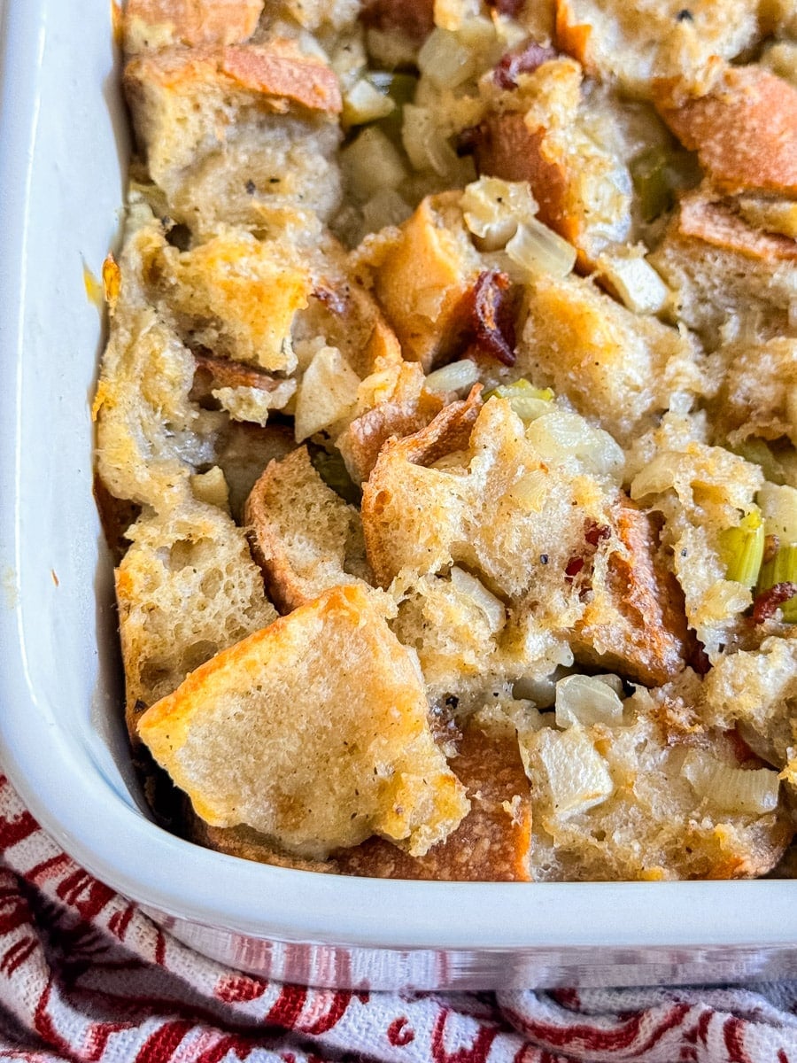The corner of a pan of stuffing.