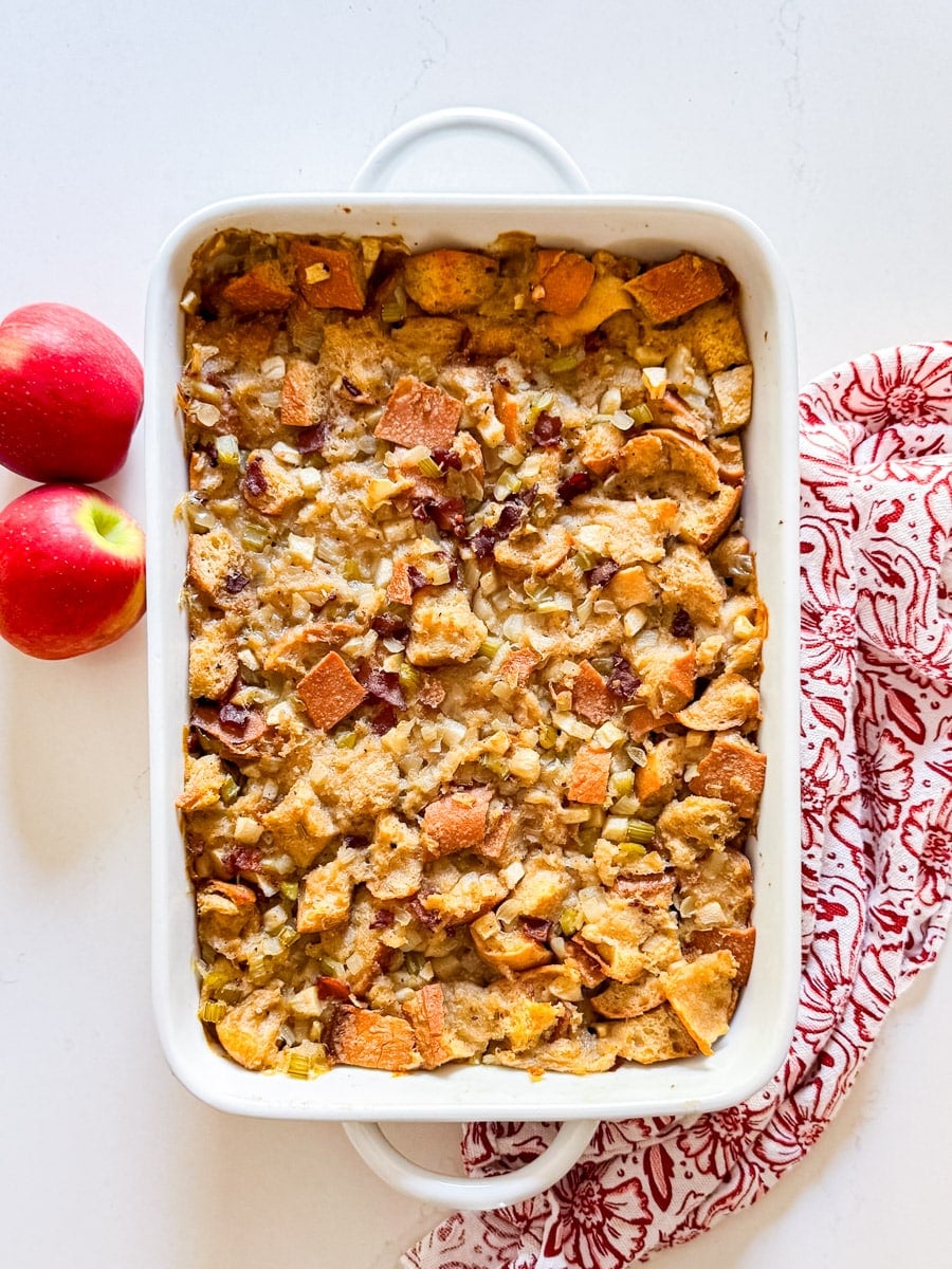 An overhead image of a pan of apple sourdough stuffing.