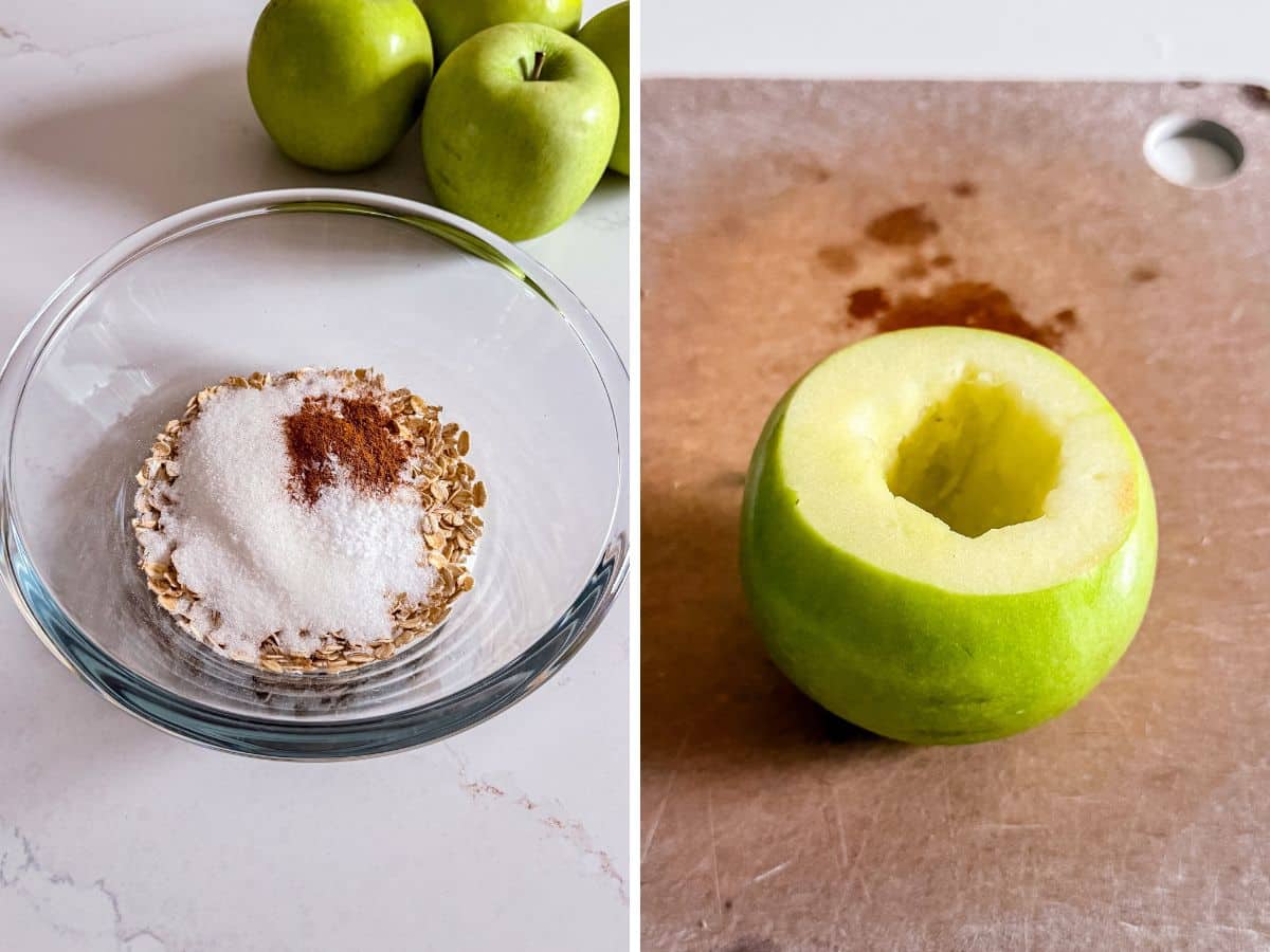 The filling mixture in a bowl and an apple with the top cut off and the core scooped out.
