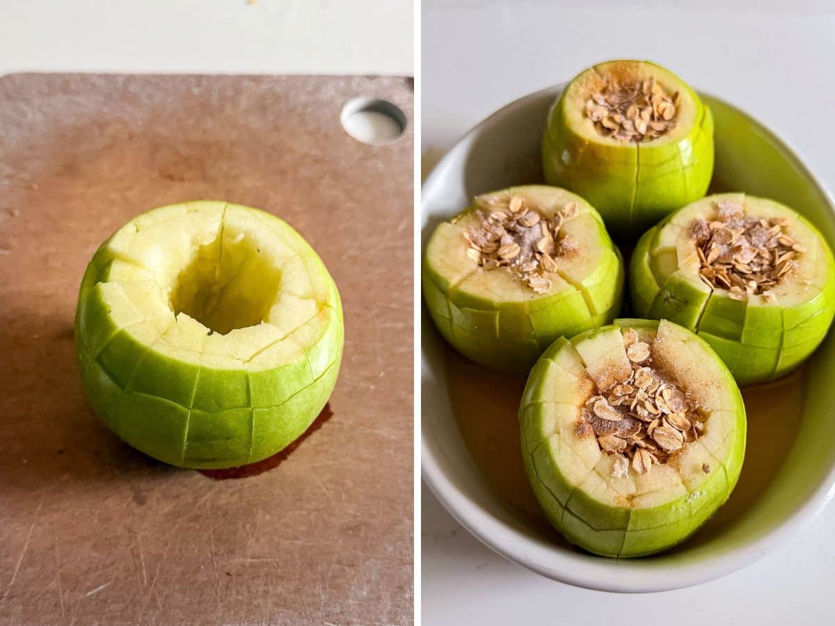 Petals cut into the apple and then the filled apples in a baking dish with cider at the bottom.