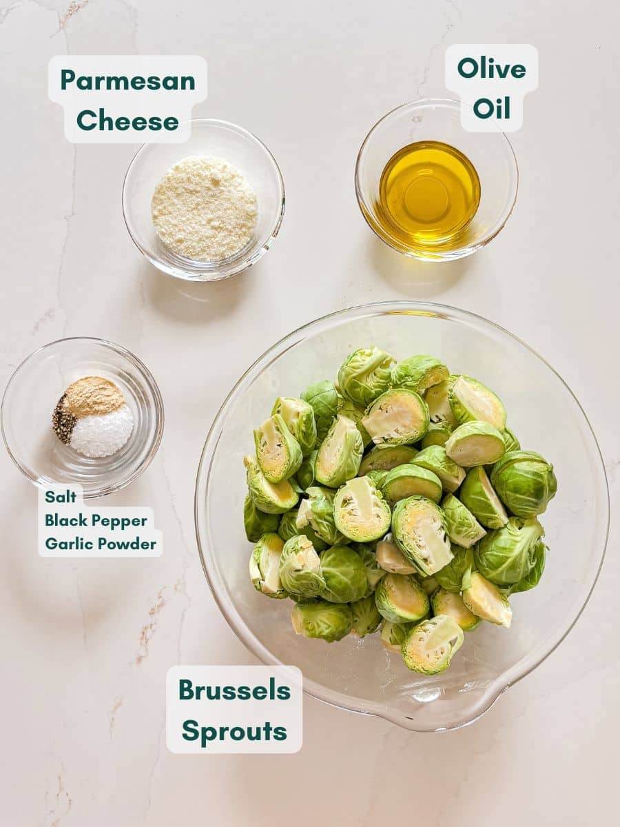 An overhead image of labeled recipe ingredients.