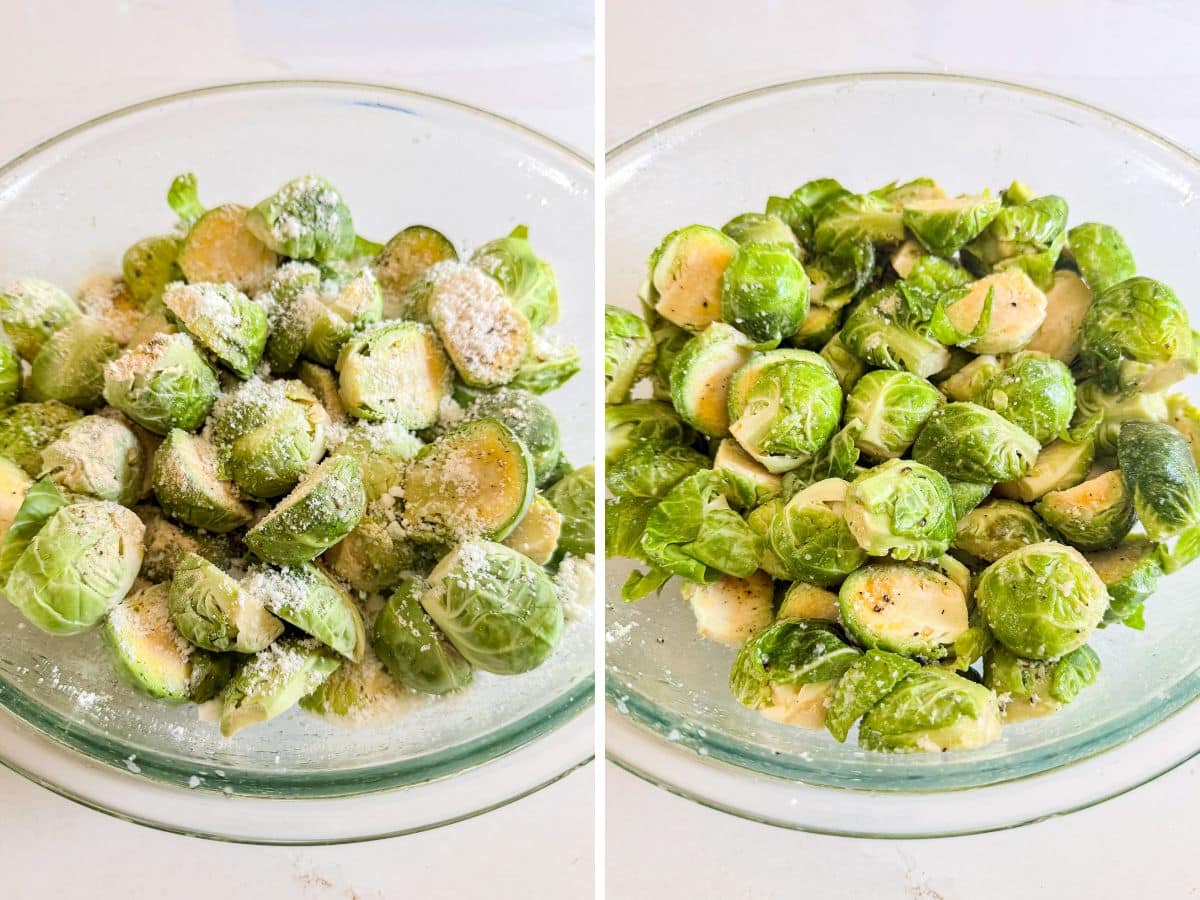 Brussels Sprouts in a bowl and then after being tossed with seasoning.