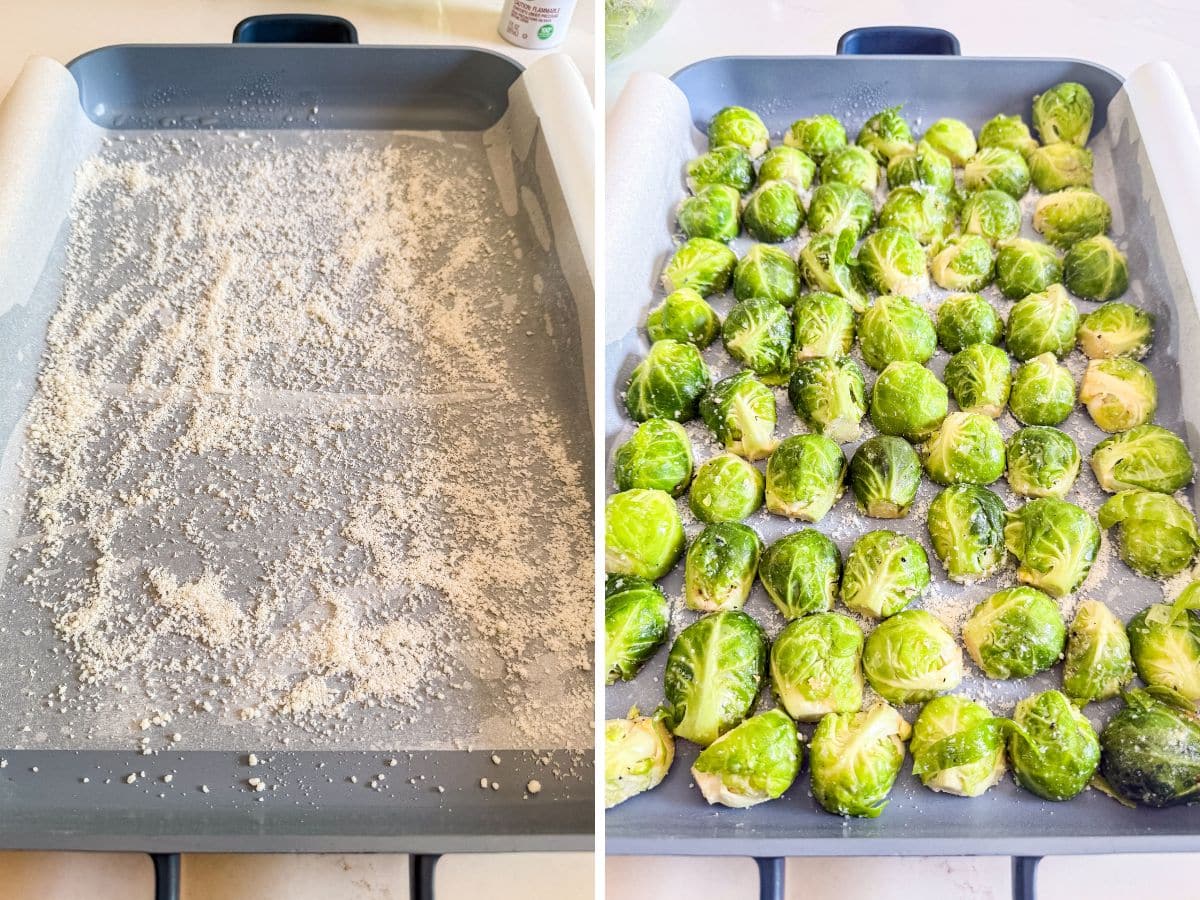 Lined pan with a layer of grated Parmesan cheese along the bottom and then the Brussels Sprouts in a single payer with the flat side down.